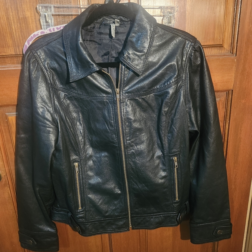 Caslon Black Leather Zip Jacket with Stand Collar